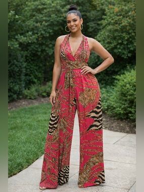 Halter Wide-Leg Animal Print Jumpsuit